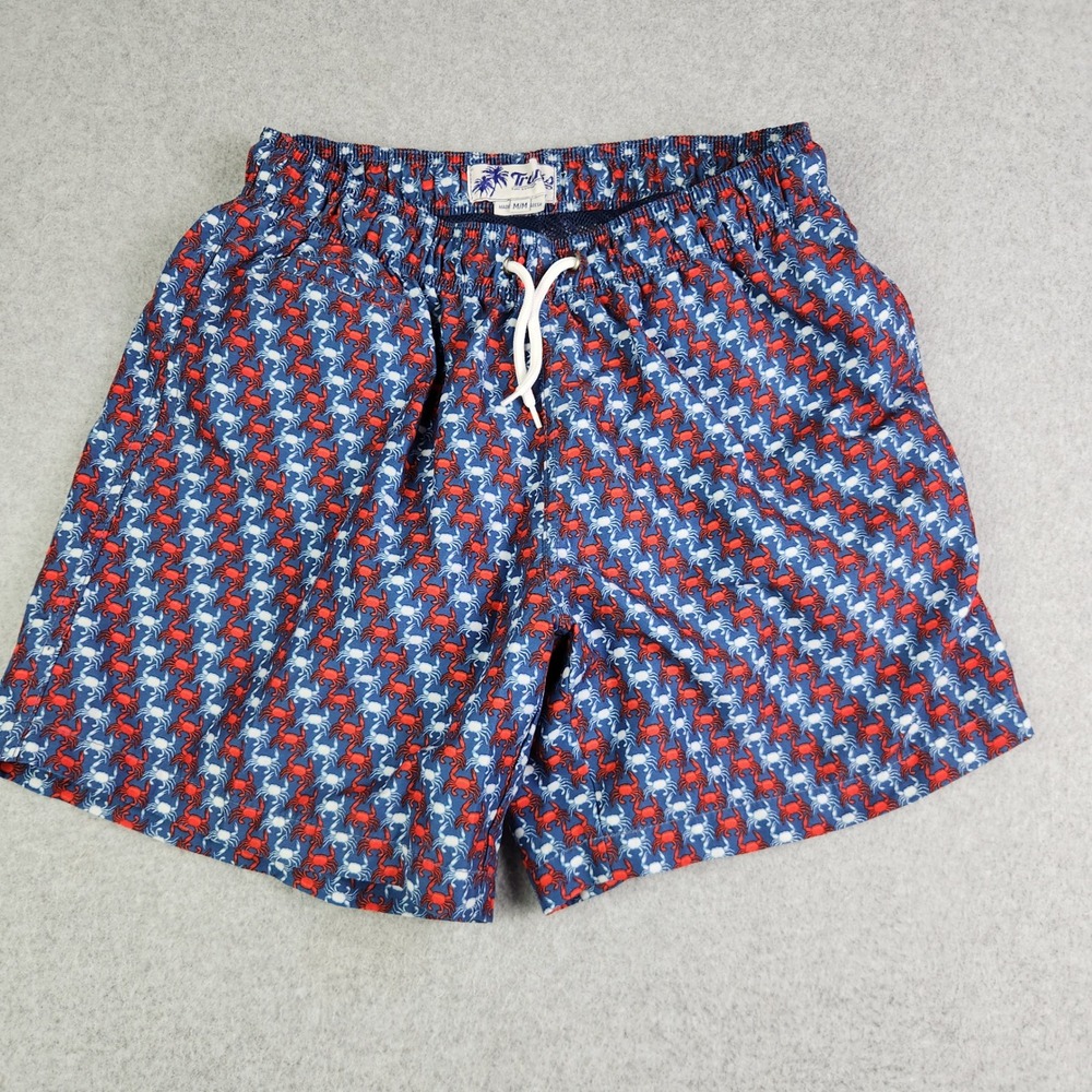 Trunks Surf & Swim Co Swim Trunks Mens M‎ Blue Red Crab Print Mesh Lined Stretch